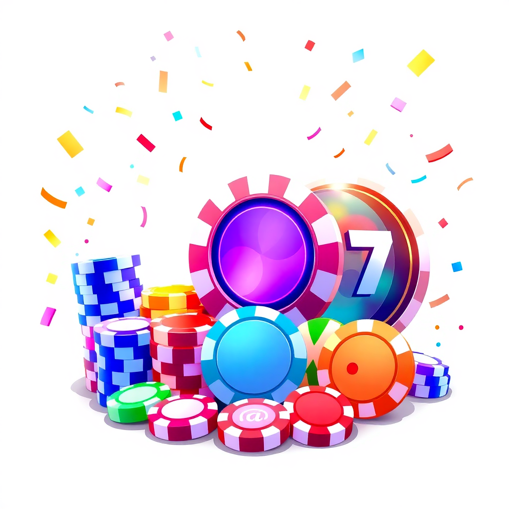 playful social casino, chips, dice, spinning reels, confetti, colorful, vibrant, 3d illustration, flat style, white background
