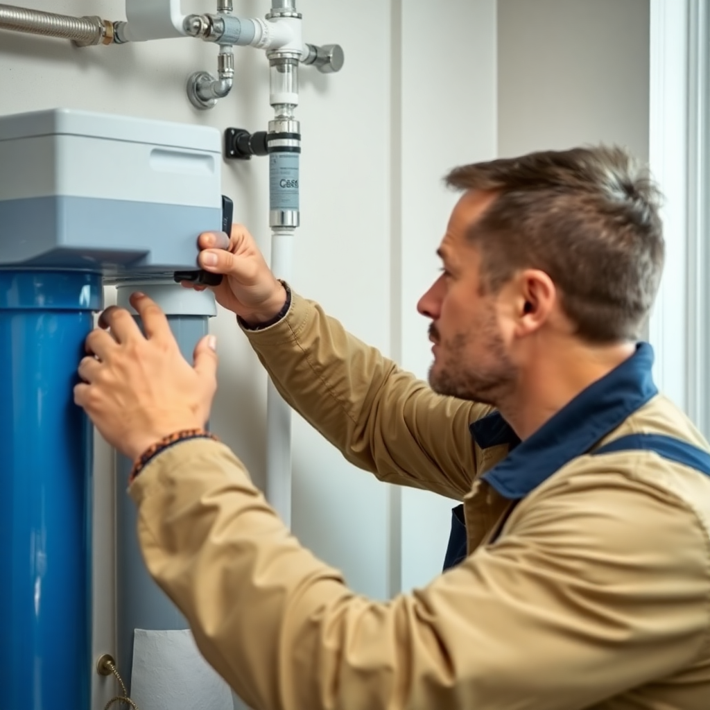 plumber inspecting water filtration system in home, realistic photo