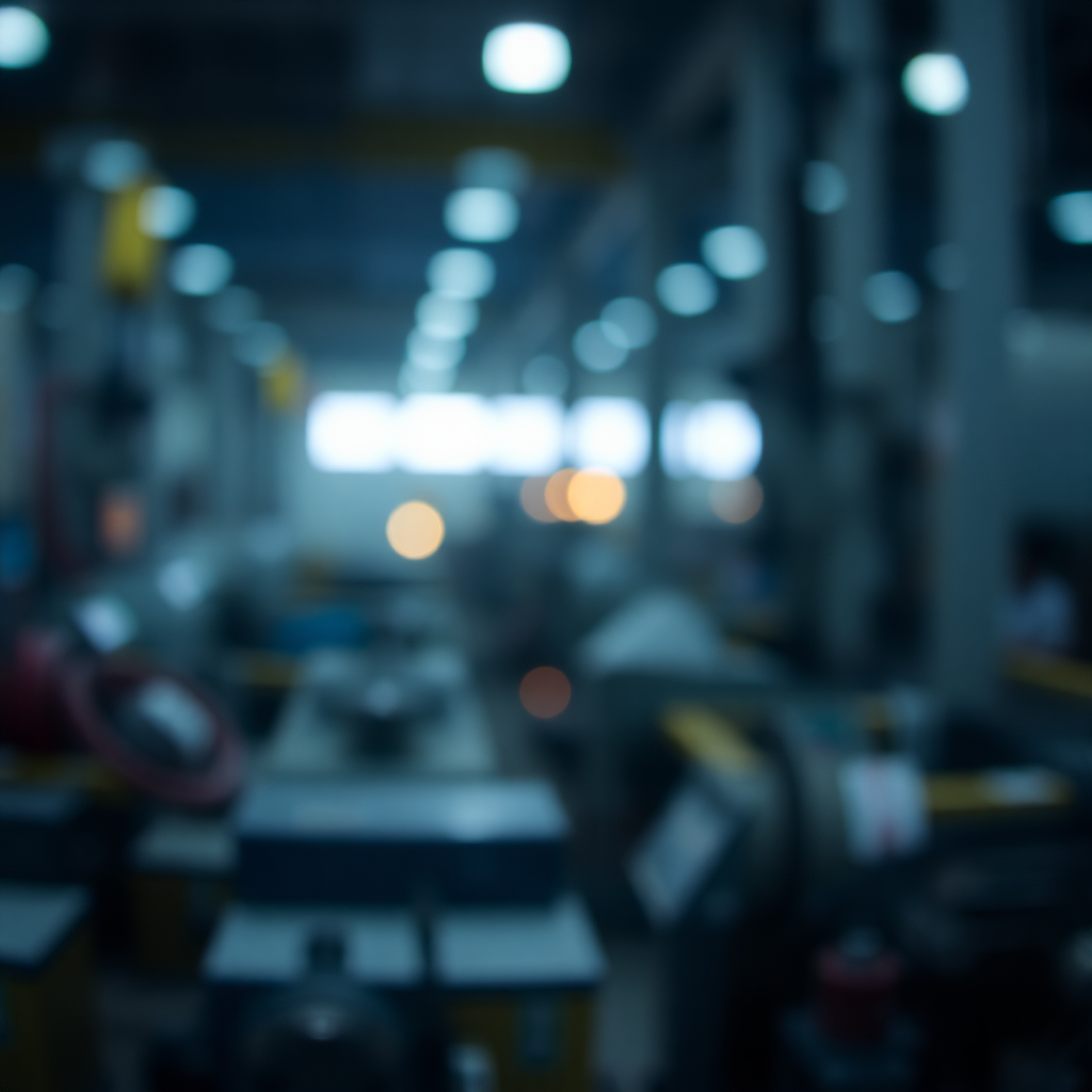 Abstract background of blurred factory lights and machinery, blue and gray tones, creating a subtle industrial texture.