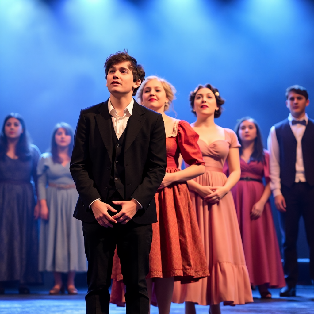 Spring Awakening musical scene, grade 12 students in period costumes, emotional dramatic lighting, contemporary musical theater production