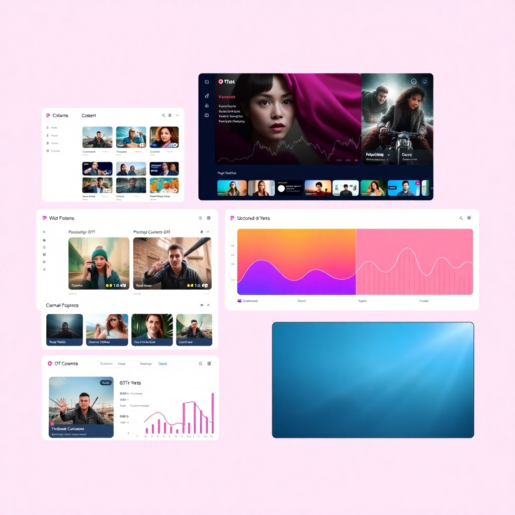 modern digital streaming platform dashboard with multiple screens showing OTT content management, analytics, and mobile-first design, clean minimalist UI
