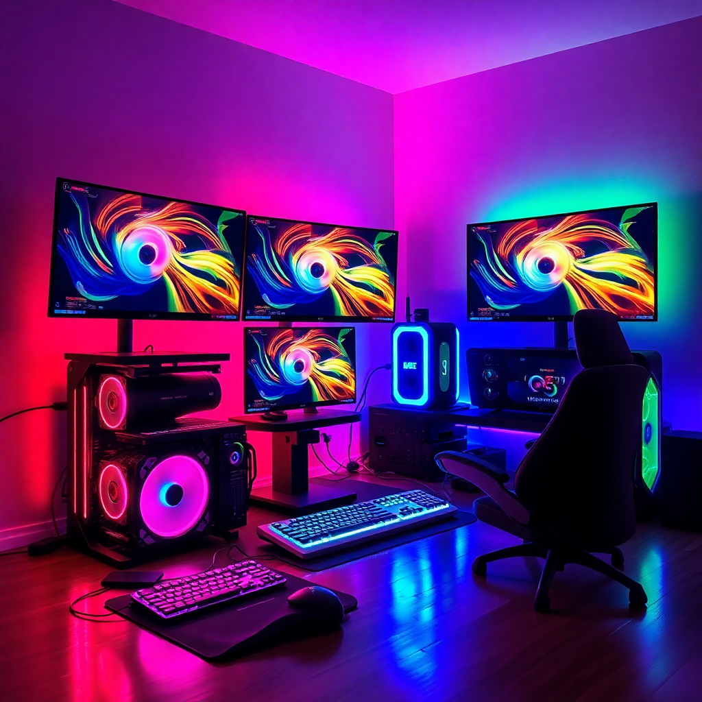 high-performance gaming workstation with RGB lighting, multiple monitors, custom water cooling