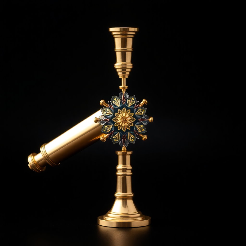 Elegant brass kaleidoscope on a dark background, professional product photography