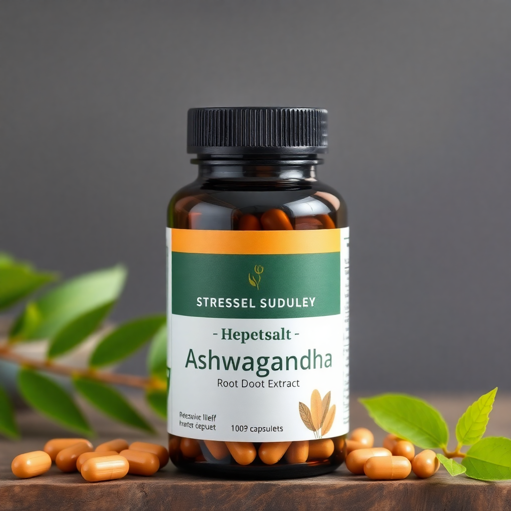 ashwagandha root extract capsules, brown bottle, stress relief supplement, herbal medicine, professional product shot