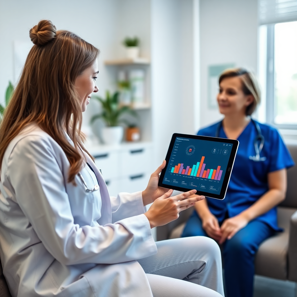 modern therapist using AI dashboard on tablet during therapy session, clean clinical office environment, professional healthcare technology