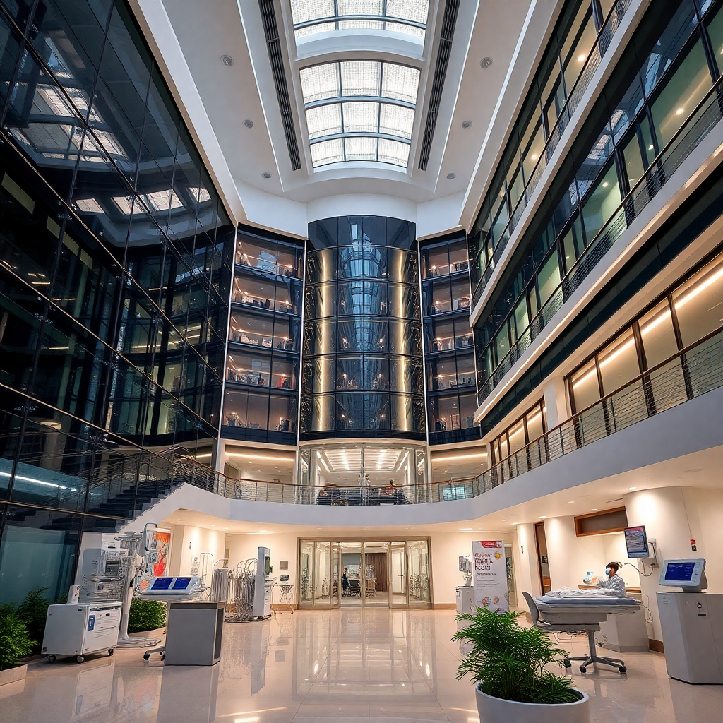 modern hospital building with medical equipment, luxury hotel resort complex, healthcare facilities and hospitality infrastructure, medical center architecture