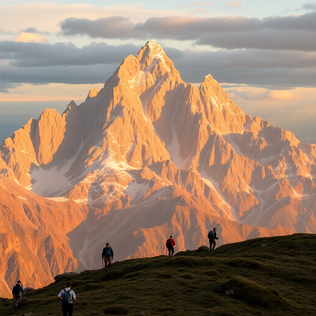 Hikers trekking along majestic mountain peaks at golden hour.