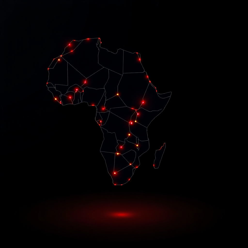 Dark 3D wireframe map of Africa with glowing nodes