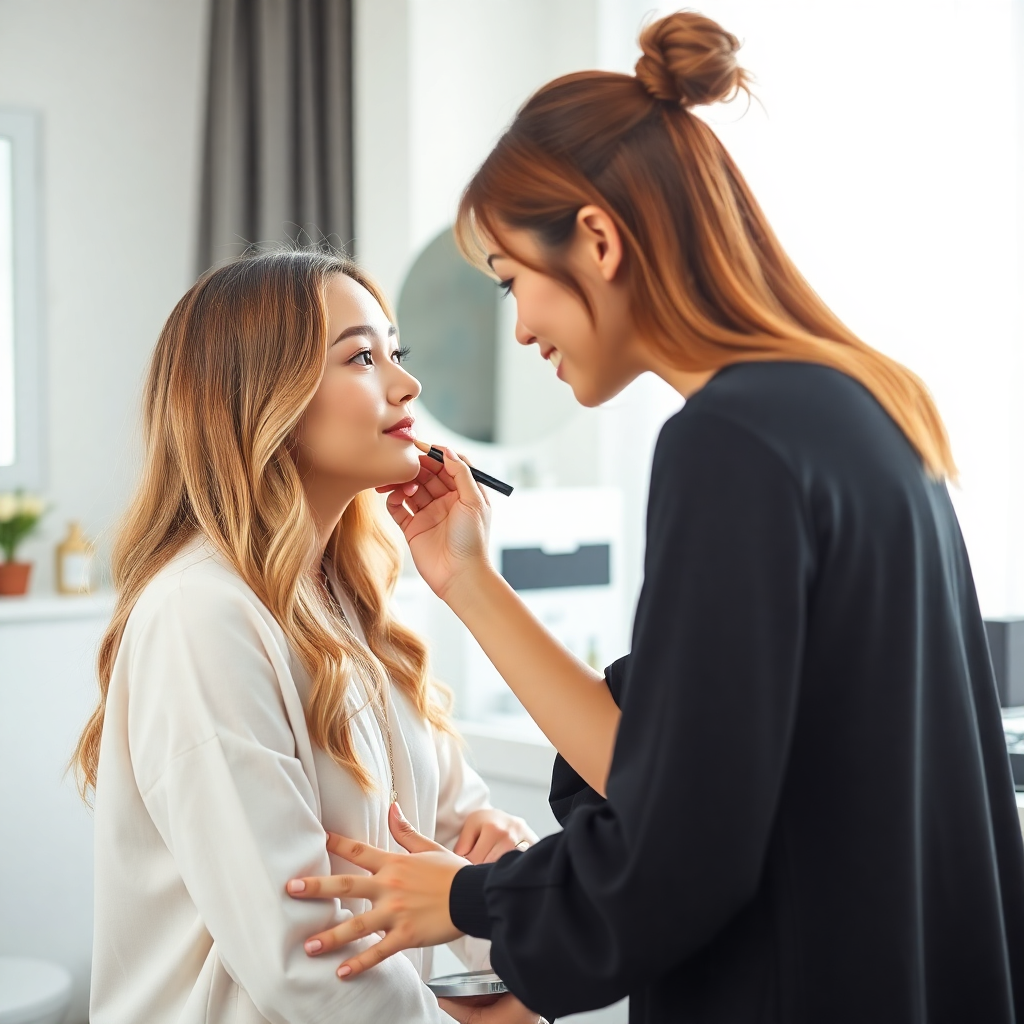 Korean female makeup artist applying cosmetics to a young blonde Caucasian female client in a bright modern beauty studio, professional beauty service, natural lighting