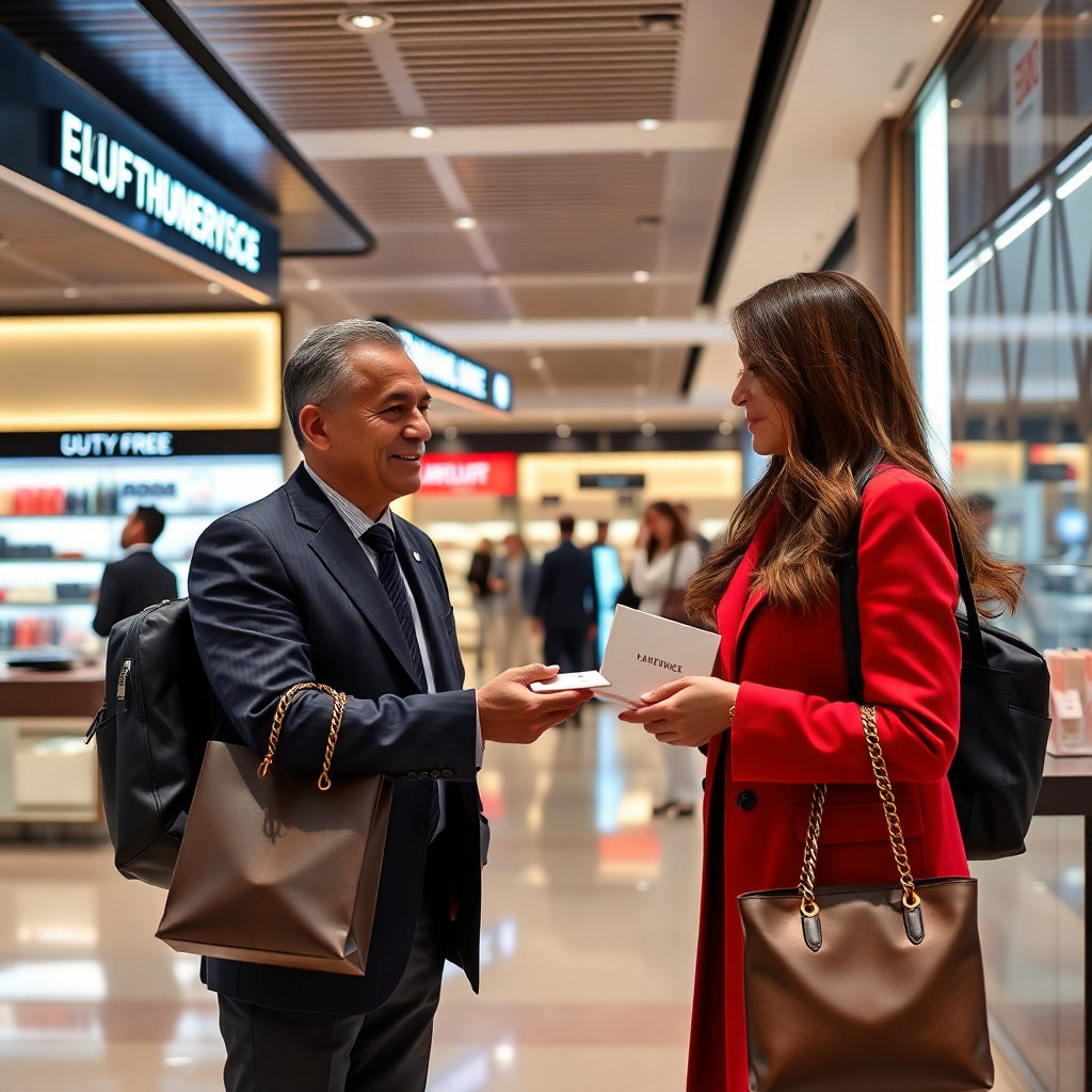 elegant duty-free shopping area with passenger receiving luxury brand sample, premium gift bag, sophisticated retail environment, luxury brand activation at airport