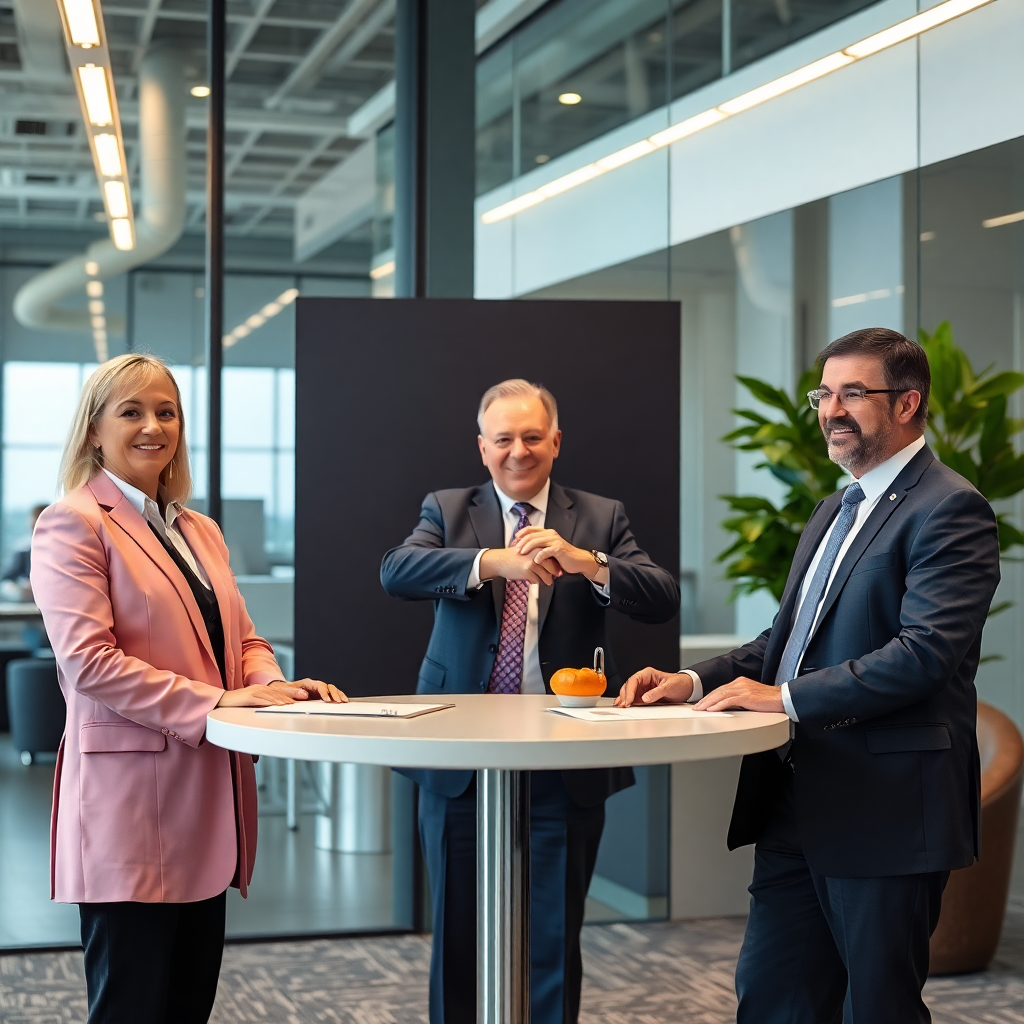 corporate partnership announcement with oil industry executives and modern office setting