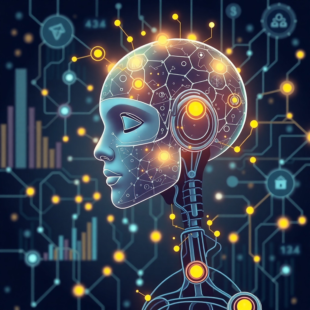 AI artificial intelligence in education illustration with neural networks, data analytics, predictions, machine learning, futuristic campus management