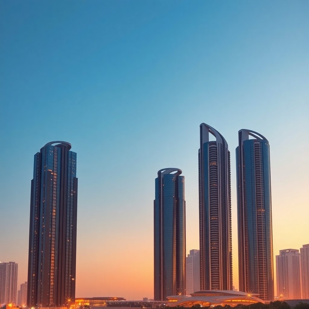 luxury high-rise buildings modern architecture Dubai skyline at golden hour, premium real estate photography