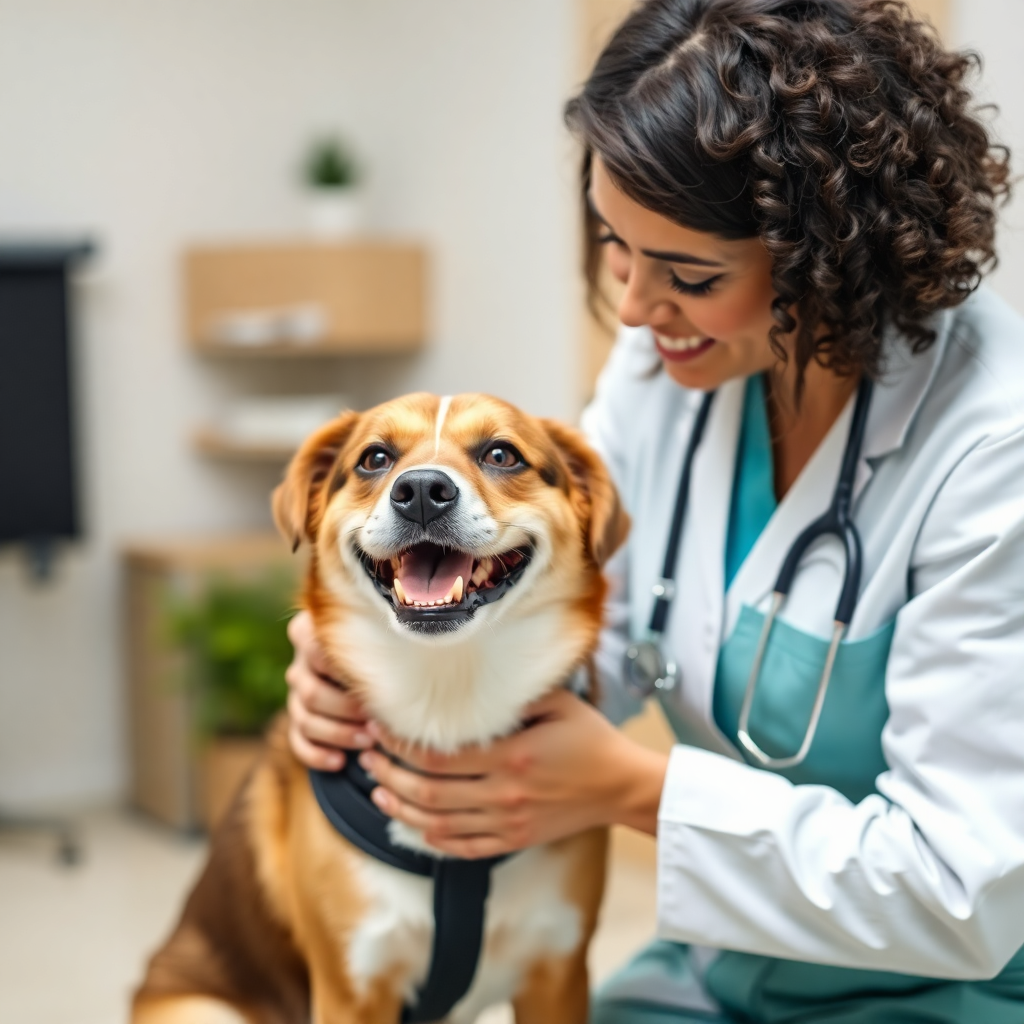 veterinarian examining a happy pet, gentle care, professional consultation, warm clinic atmosphere