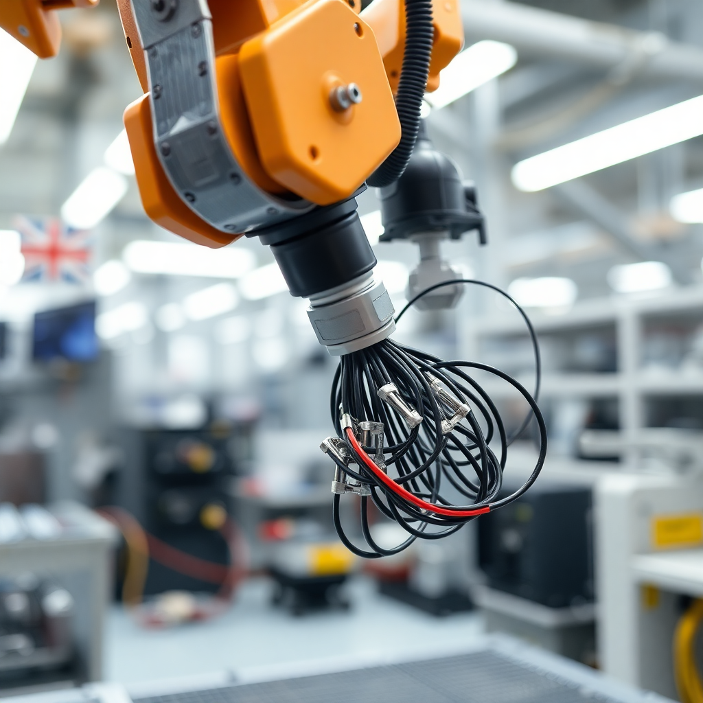 Close-up shot of a sophisticated wiring harness being meticulously assembled by a robotic arm in a brightly lit, sterile factory environment, emphasizing precision and technology.