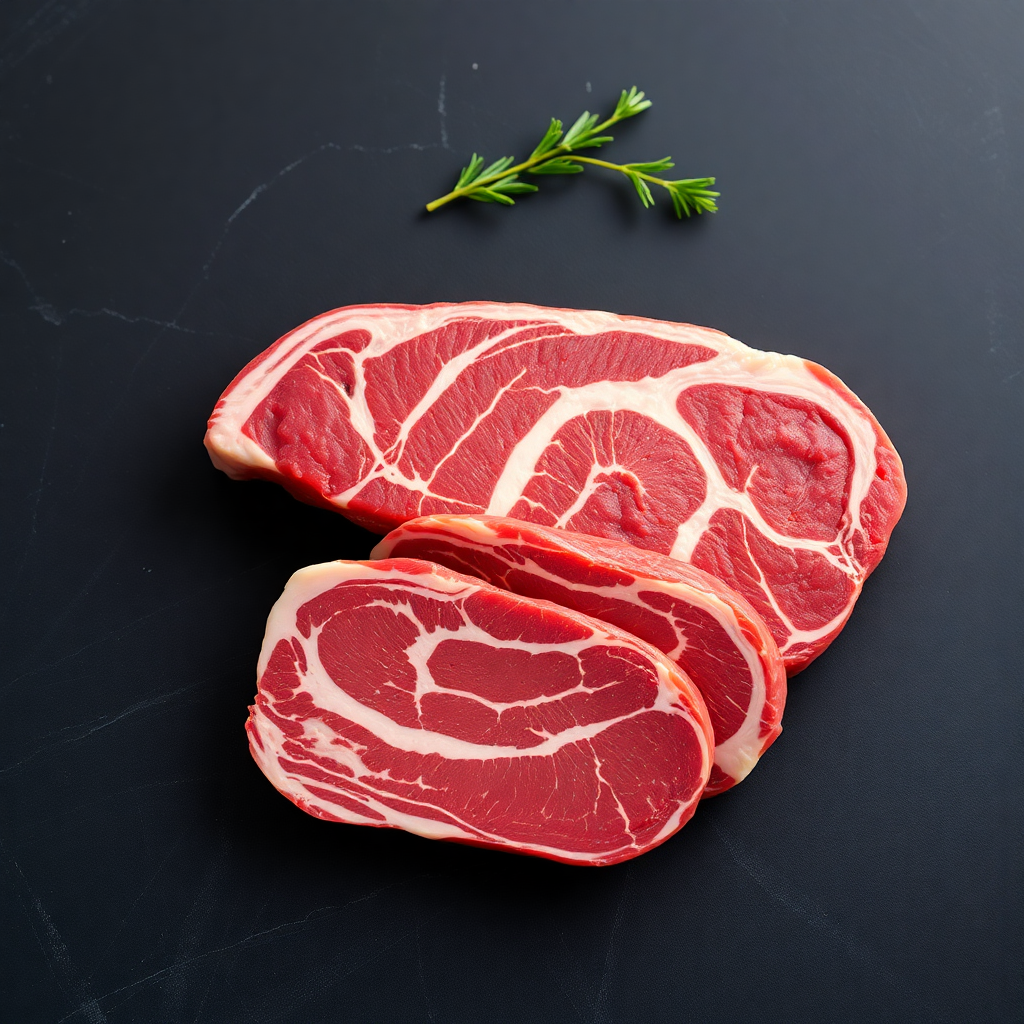 premium marbled beef cuts on a dark slate background