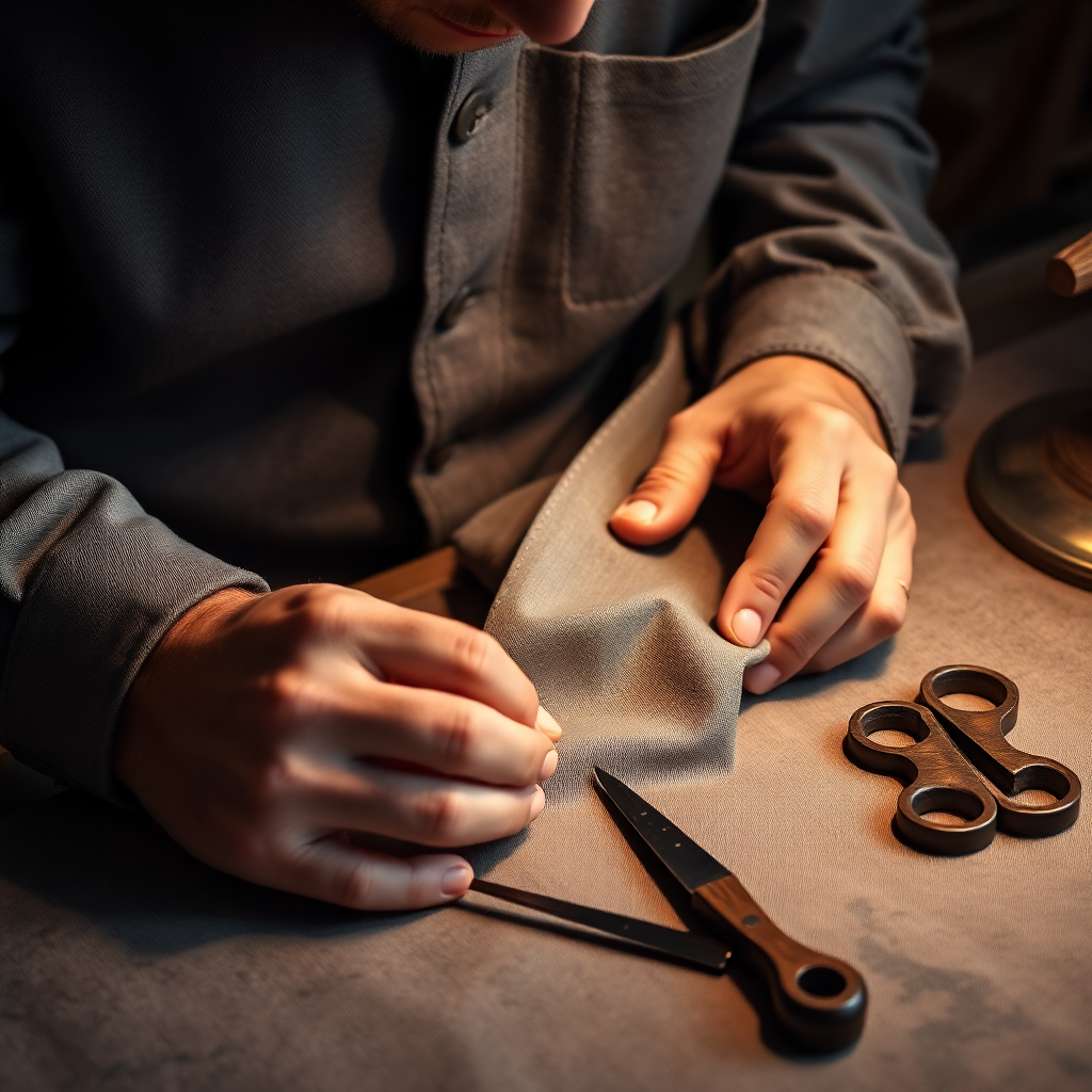 master tailor hands measuring fabric, close-up craftsmanship, traditional tools, warm lighting
