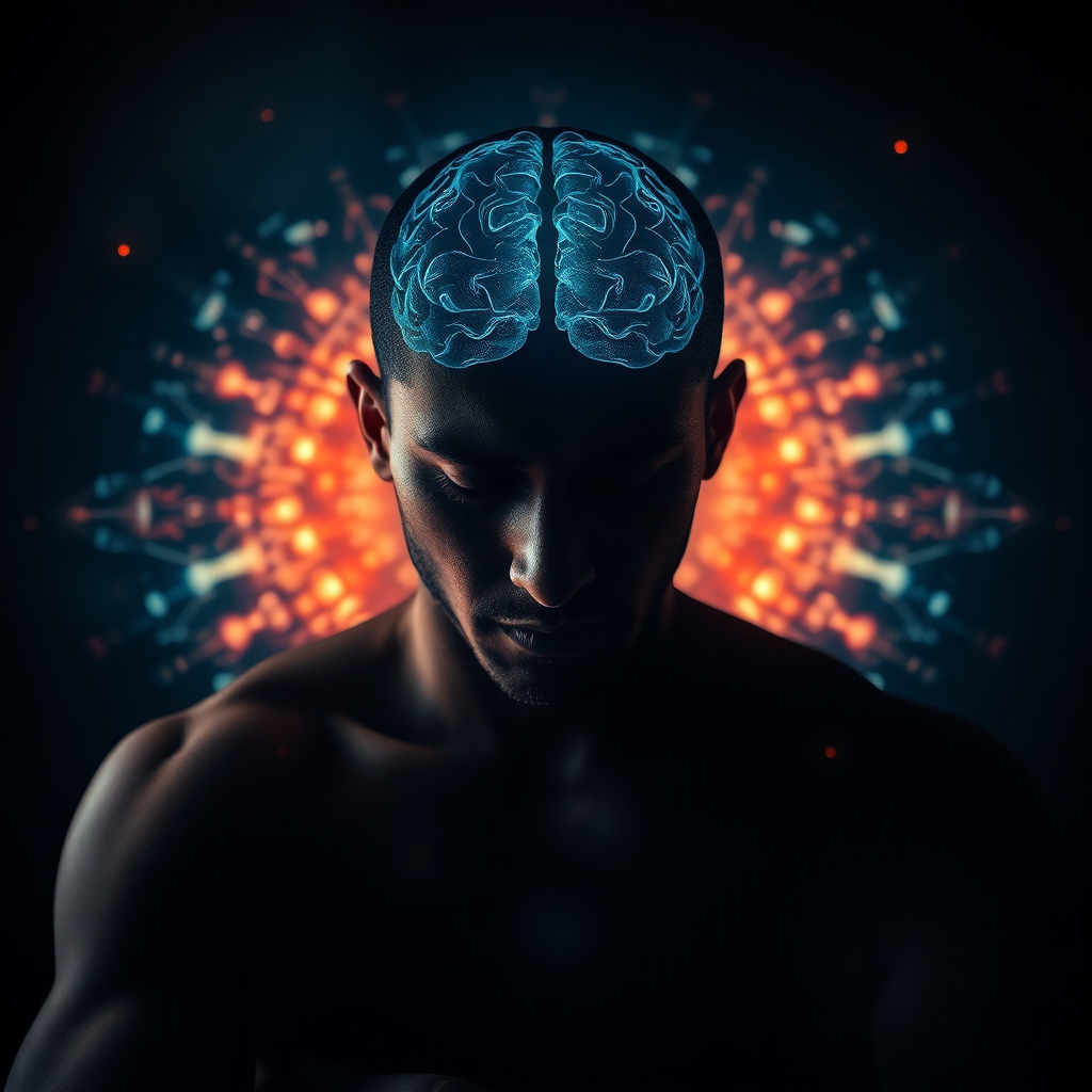 athlete in intense mental focus meditation with brain visualization overlay, cinematic dark athletic photography