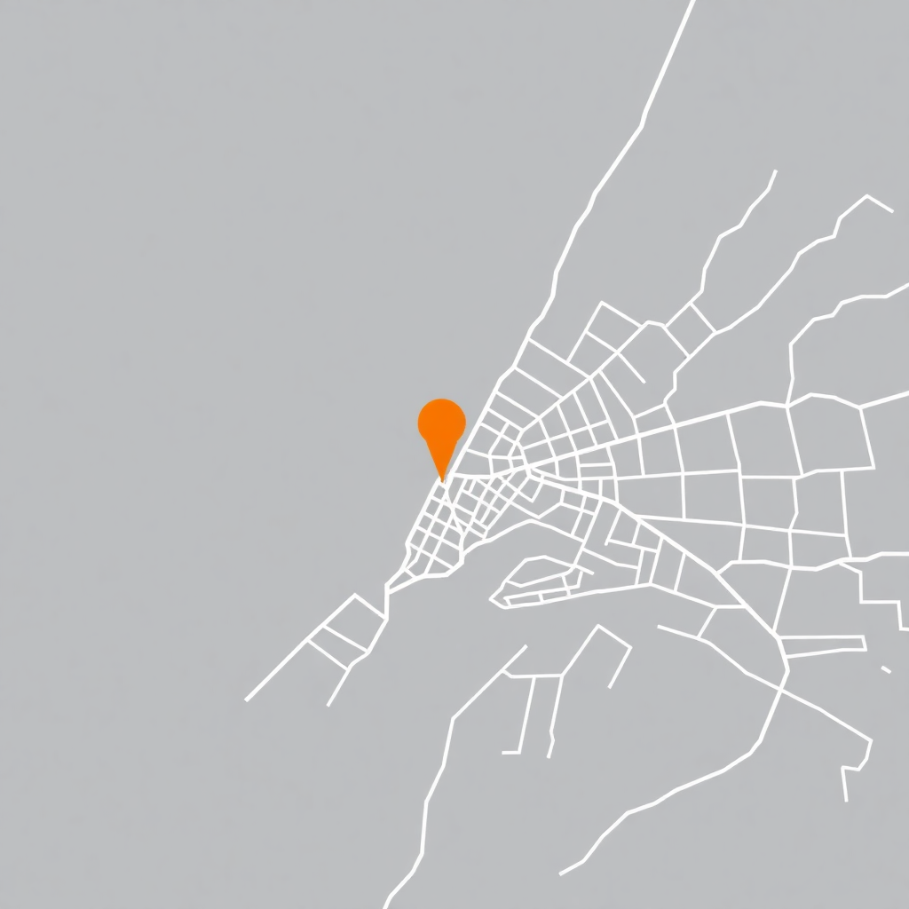 minimalist map showing Manhattan New York streets with a single orange pin