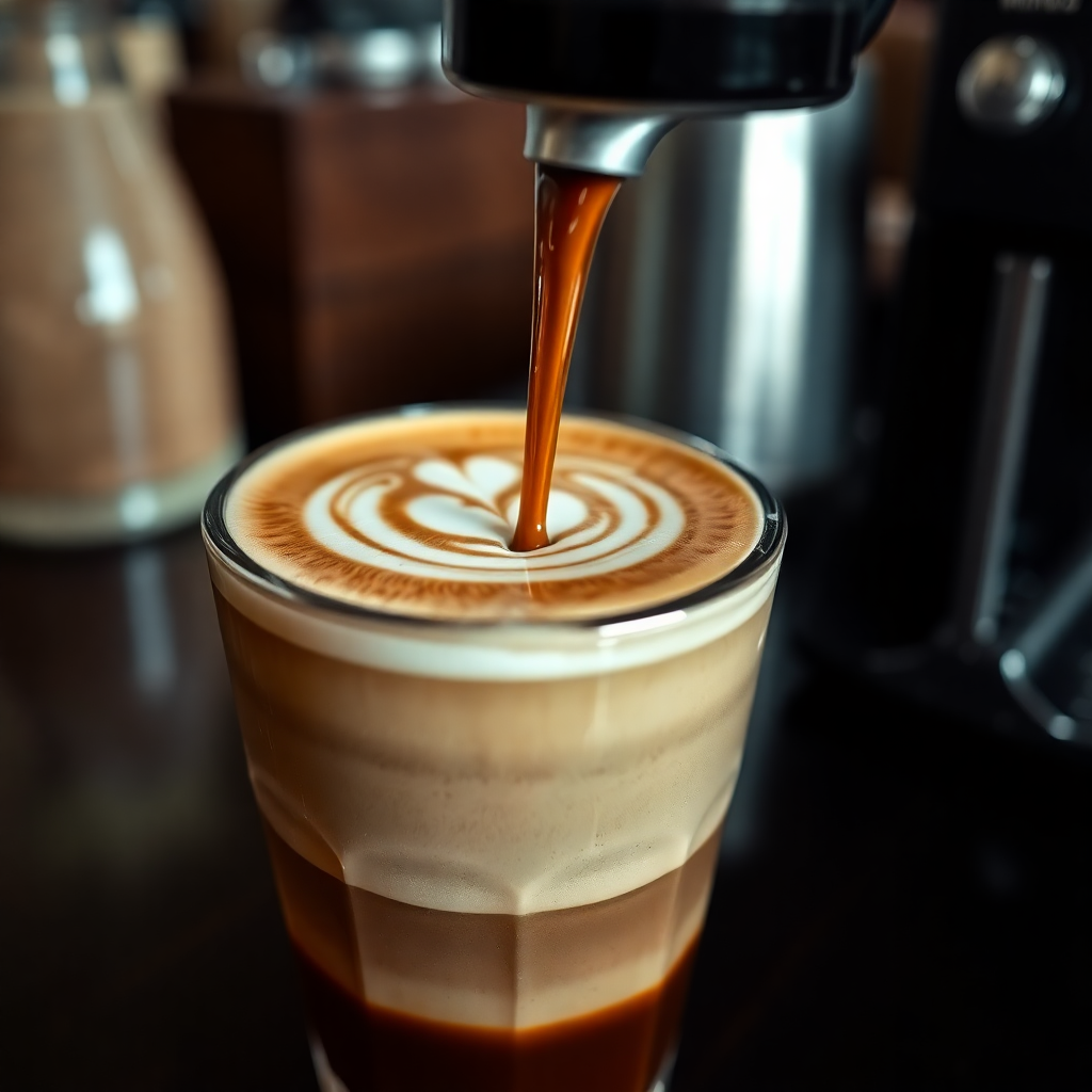 Dramatic close-up of a perfectly poured espresso drink with beautiful latte art, rich dark tones, cafe setting, high resolution, editorial style