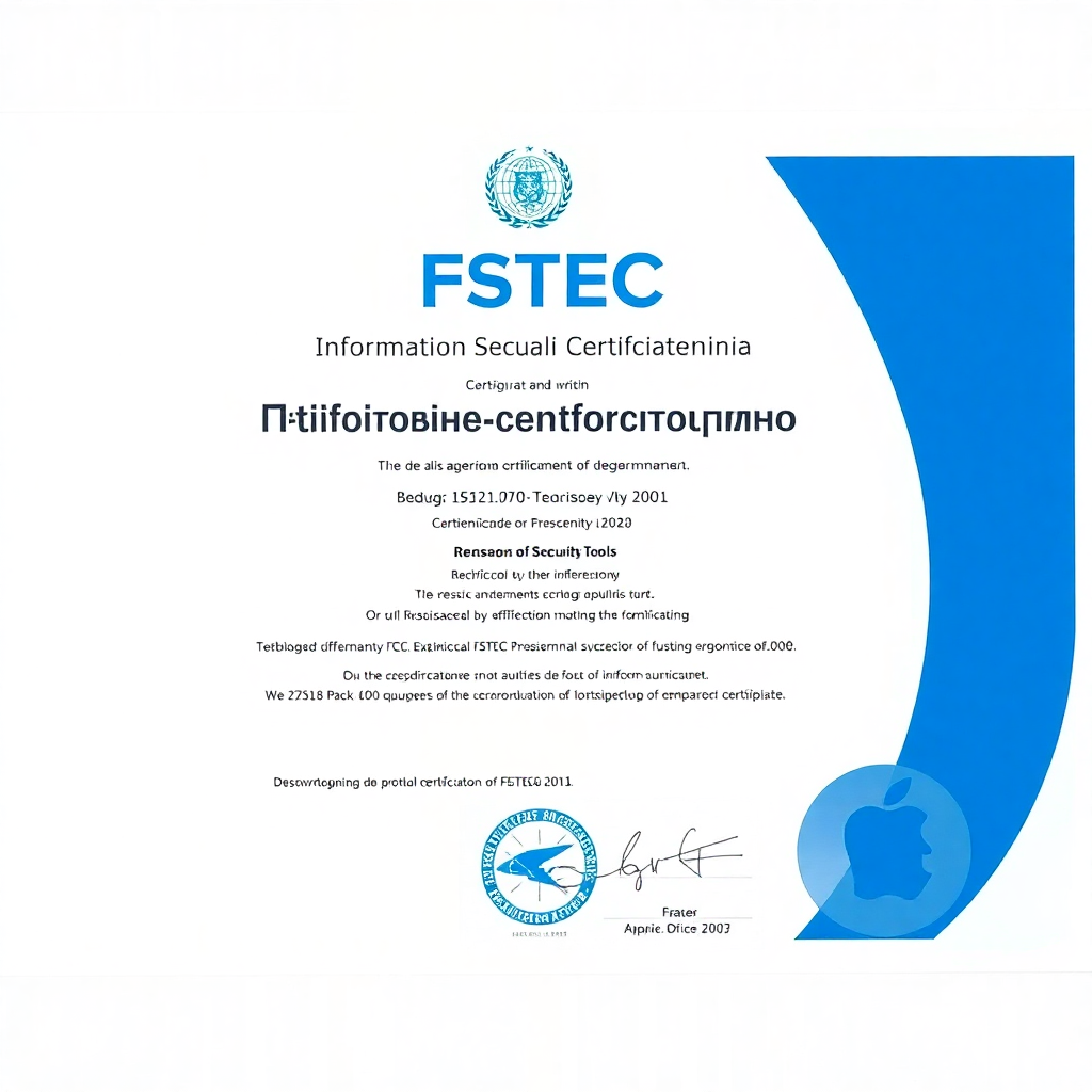 FSTEC certificate of conformity for information security tools, Russian government certification document, blue seal, technical compliance