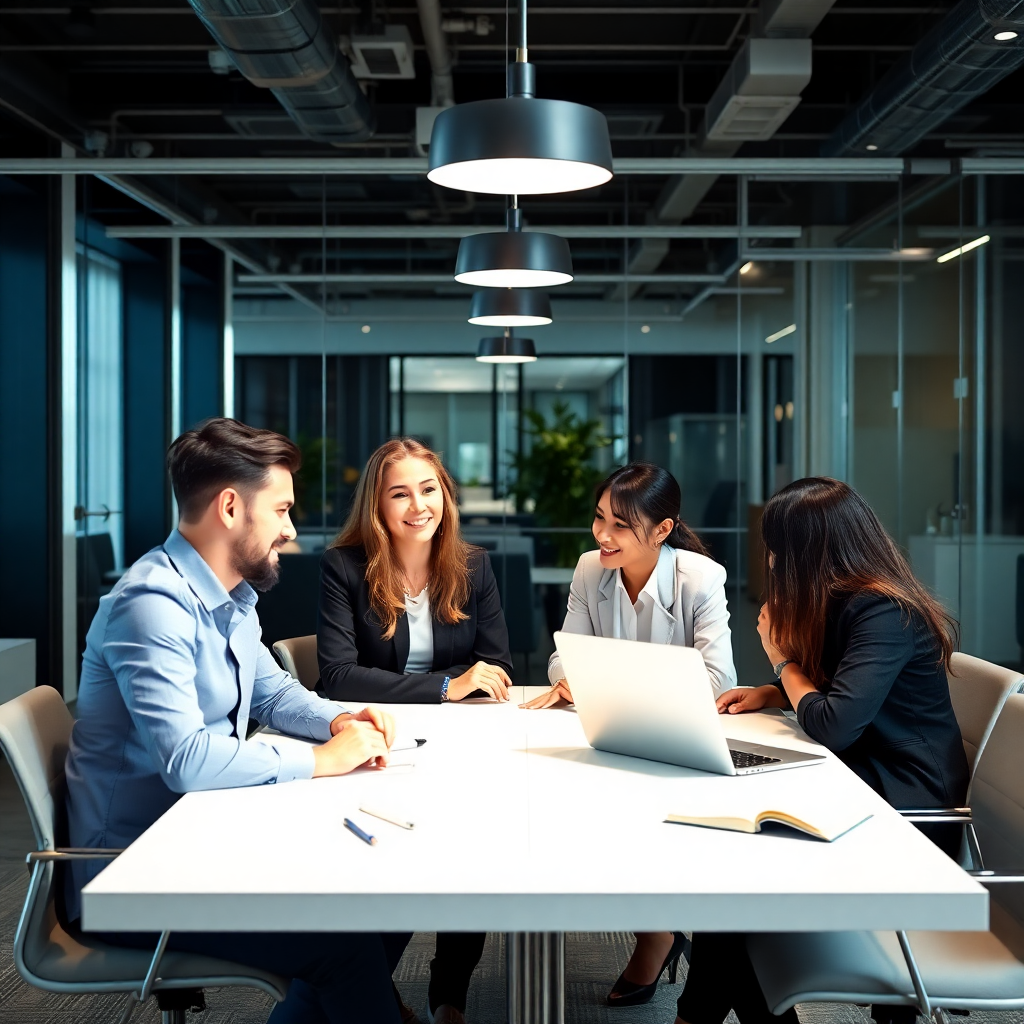 diverse professional team in modern office, collaborative workspace, business meeting, corporate environment