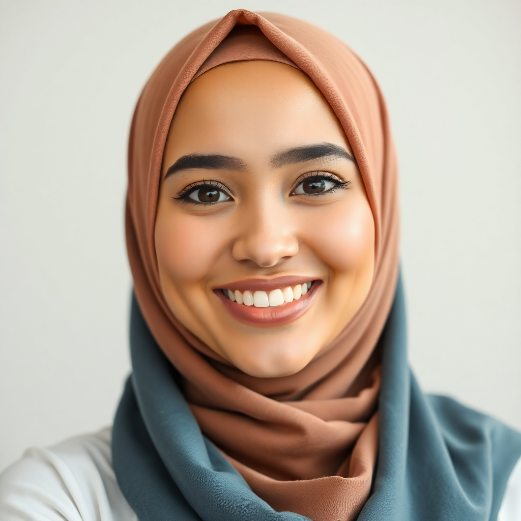 portrait of a beautiful young muslim woman wearing a stylish hijab, smiling warmly, soft lighting, high quality photography