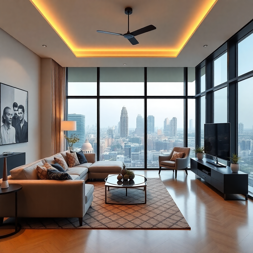 luxury modern 3bhk apartment interior living room with floor to ceiling windows, contemporary furniture, Mumbai skyline view