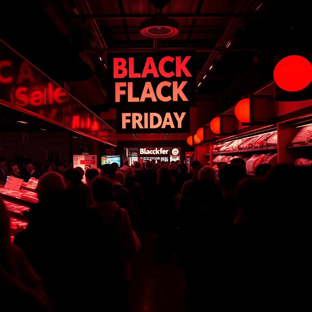Black Friday shopping event at a butcher shop, dramatic dark atmosphere, sale tags, excited crowd, bold red and black color scheme, cinematic photography
