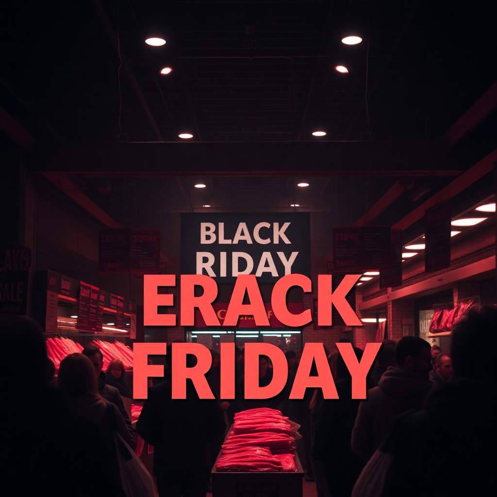 Black Friday shopping event at a butcher shop, dramatic dark atmosphere, sale tags, excited crowd, bold red and black color scheme, cinematic photography