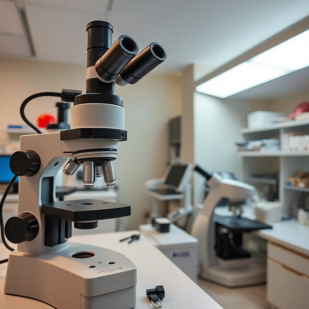 laboratory microscope and research equipment, clinical research setting, neutral lighting, professional medical research environment, muted colors