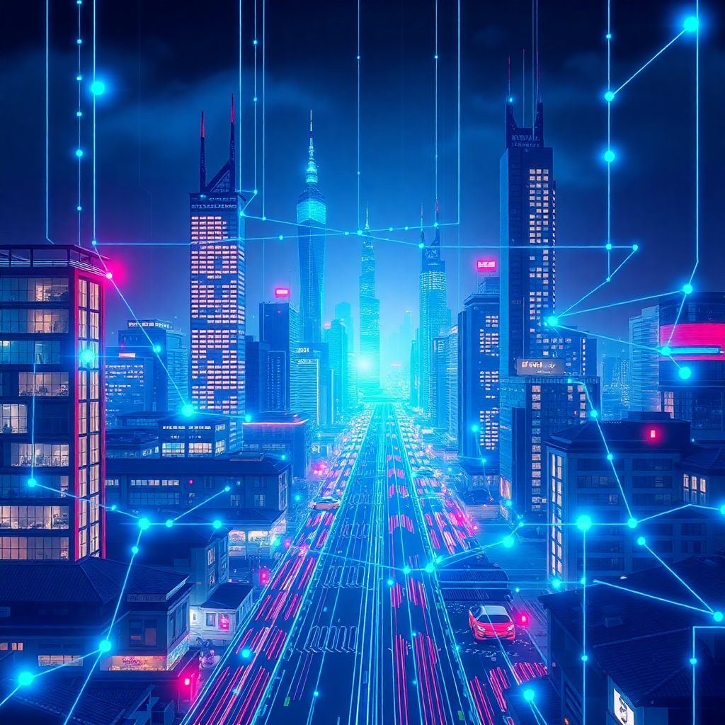 modern Chinese cityscape with digital network connections overlay, cyberpunk style, blue and cyan glow, secure VPN connection visualization, professional tech illustration