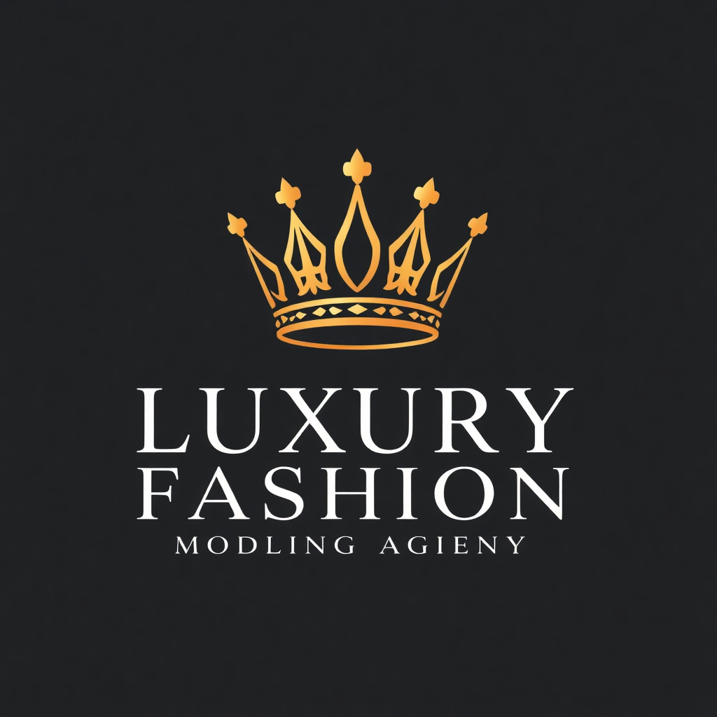 luxury fashion modeling agency logo with crown and elegant typography, professional glamorous design