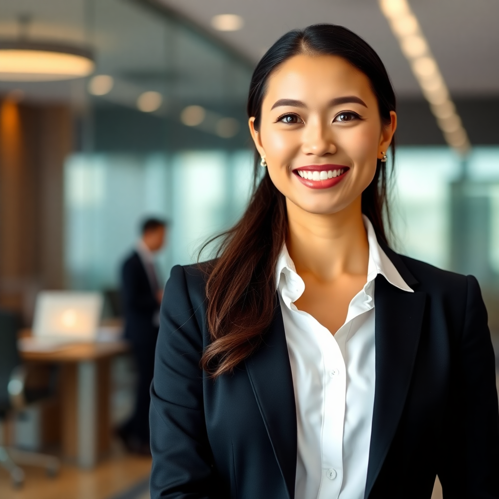 professional female executive, modern professional attire, smiling, high-end corporate office background