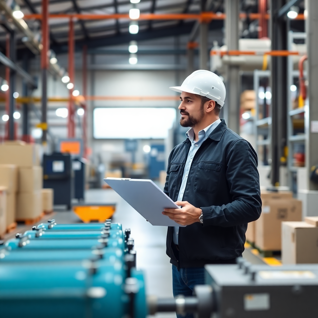 industrial quality inspector examining manufacturing equipment with checklist, modern factory floor, professional photography