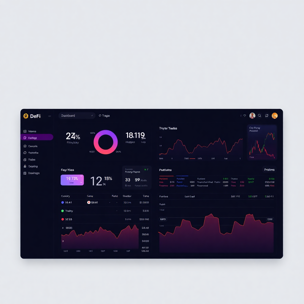 modern DeFi dashboard interface with crypto statistics and trading features, dark theme with neon accents