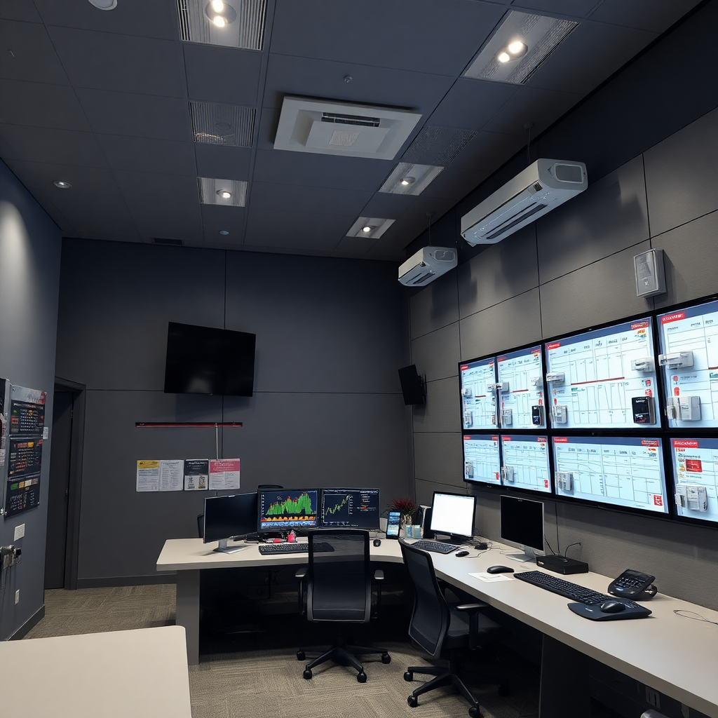 professional security systems with alarm panels, modern security control room, official security company branding