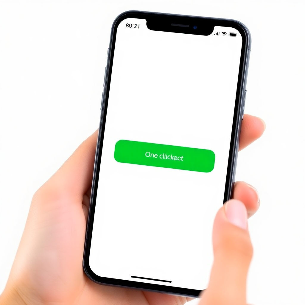 clean modern VPN app interface on smartphone screen showing one-click connect button with green color, simple minimalist design, user-friendly UI, bright background