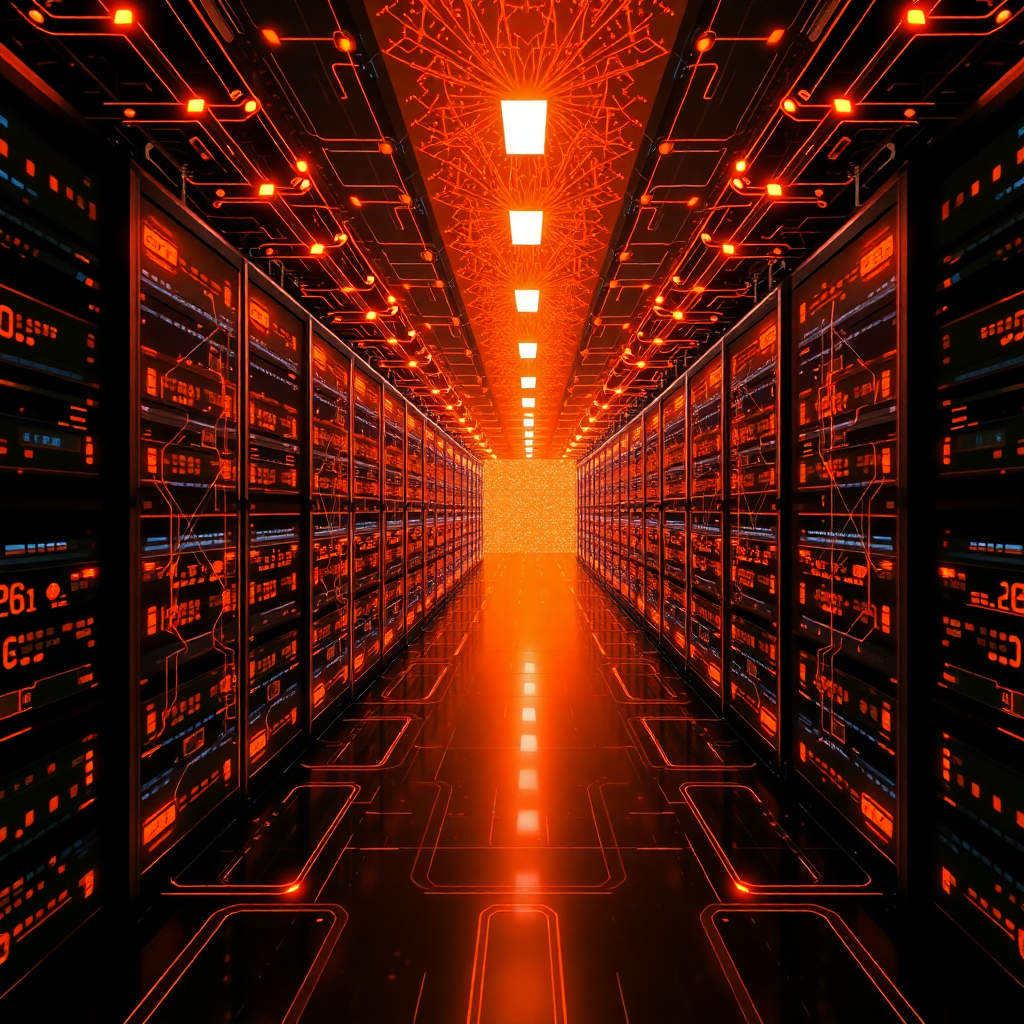 advanced AI technology infrastructure, neural network visualization, data centers, cloud computing, futuristic technology with orange and black theme