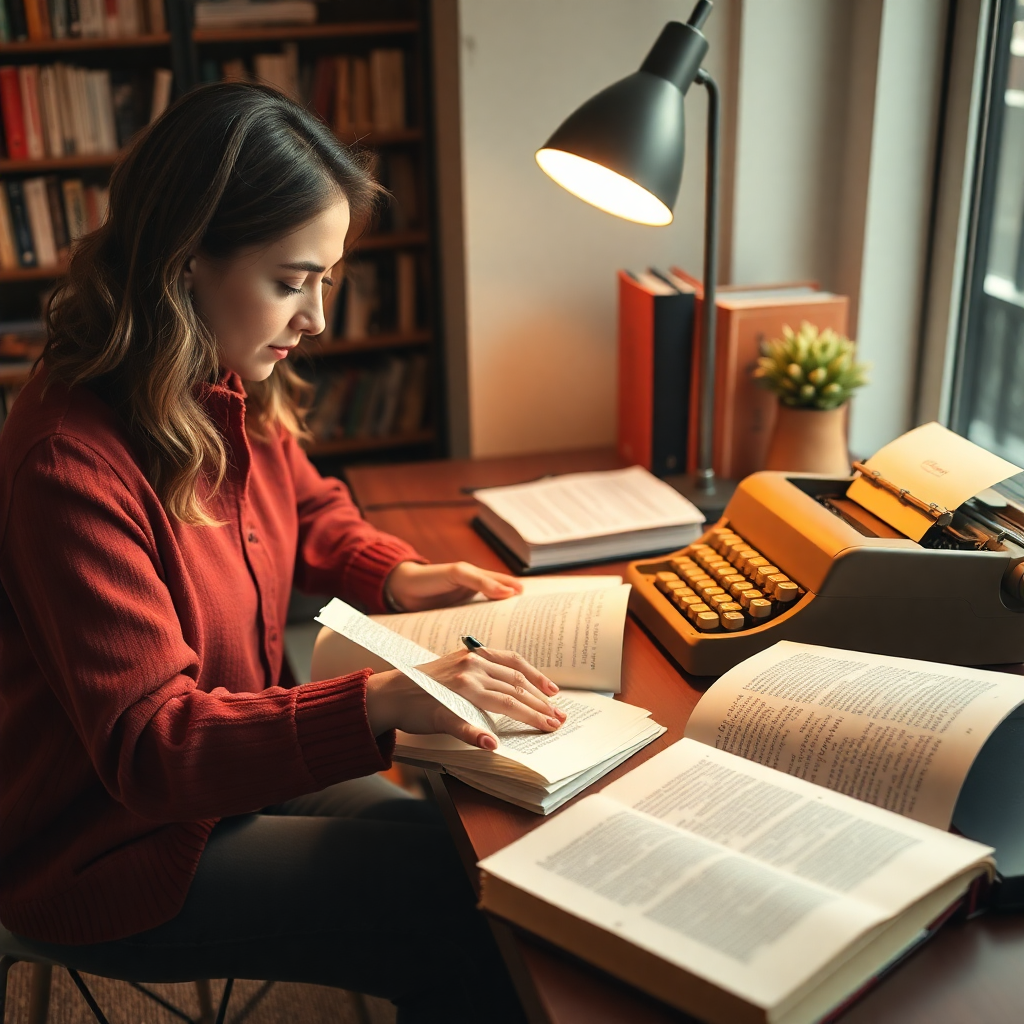 Writer working on manuscript with books and typewriter, modern literary workspace, warm lighting, professional photography style