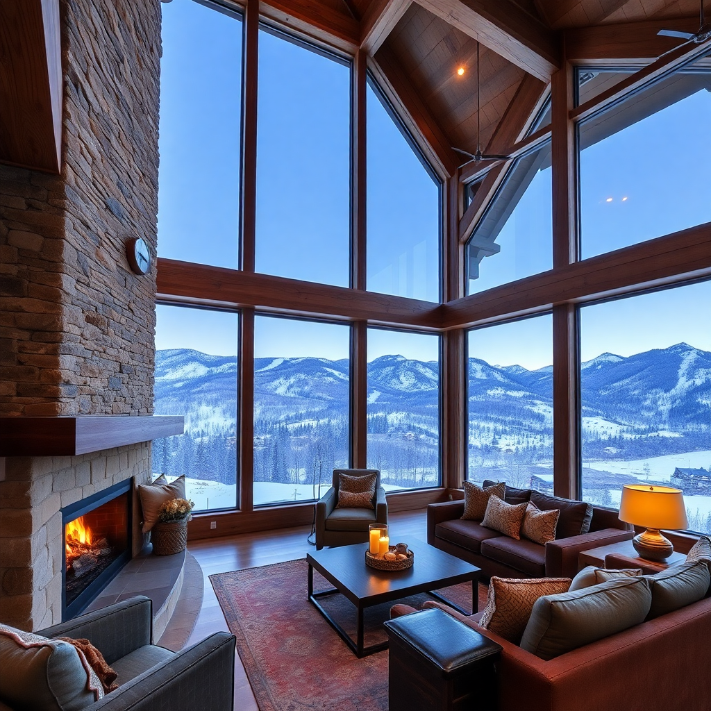 ski chalet in Aspen with mountain views, fireplace, luxury interior with wooden beams