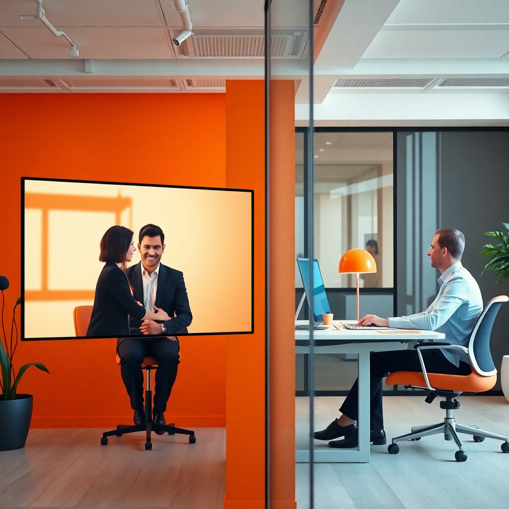 modern office split screen showing hiring interview on left and employee working at desk on right, professional business environment, warm orange accents, clean corporate aesthetic