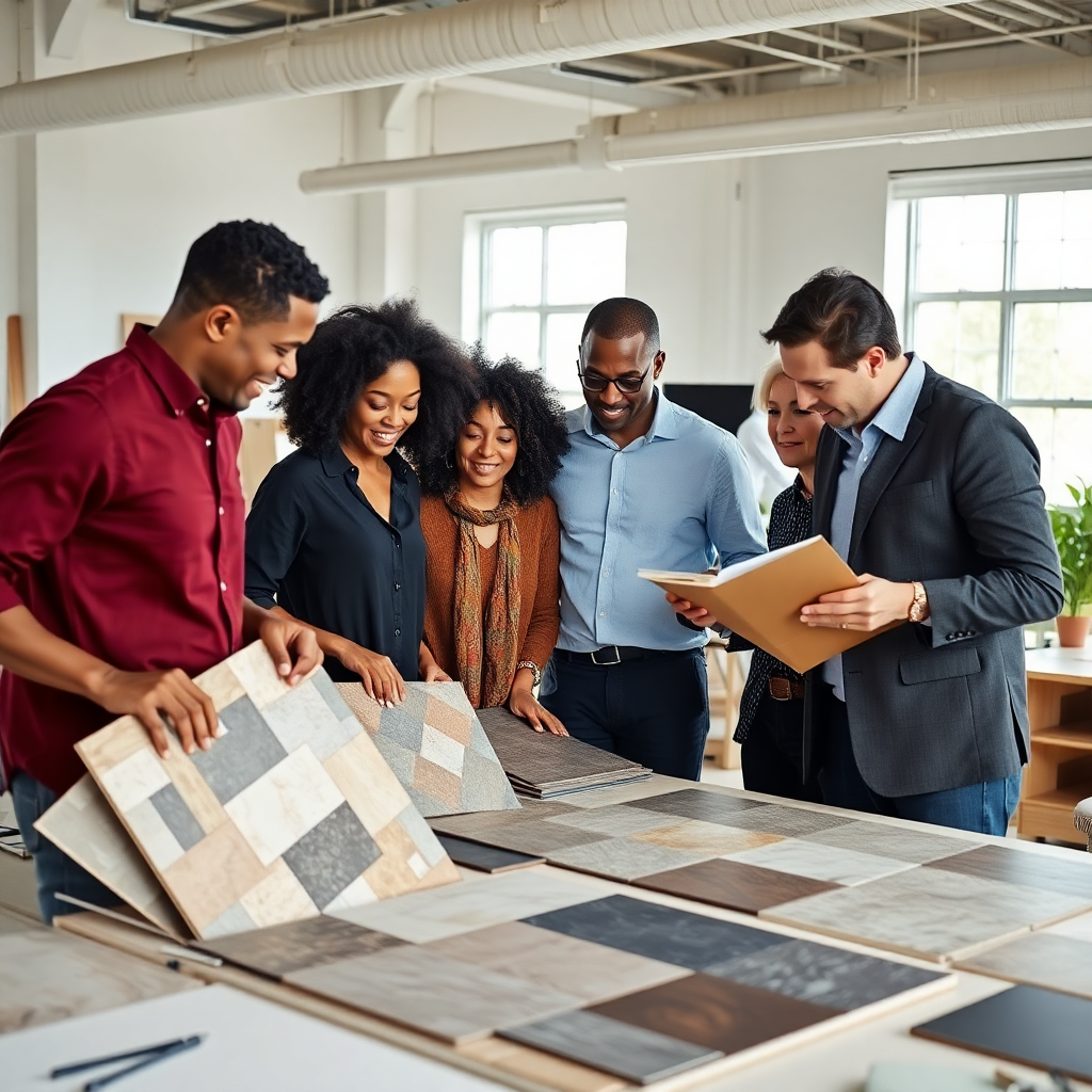 diverse black design team reviewing material samples and tile boards in professional studio workspace, collaborative environment, architects working together, natural office lighting, modern design office
