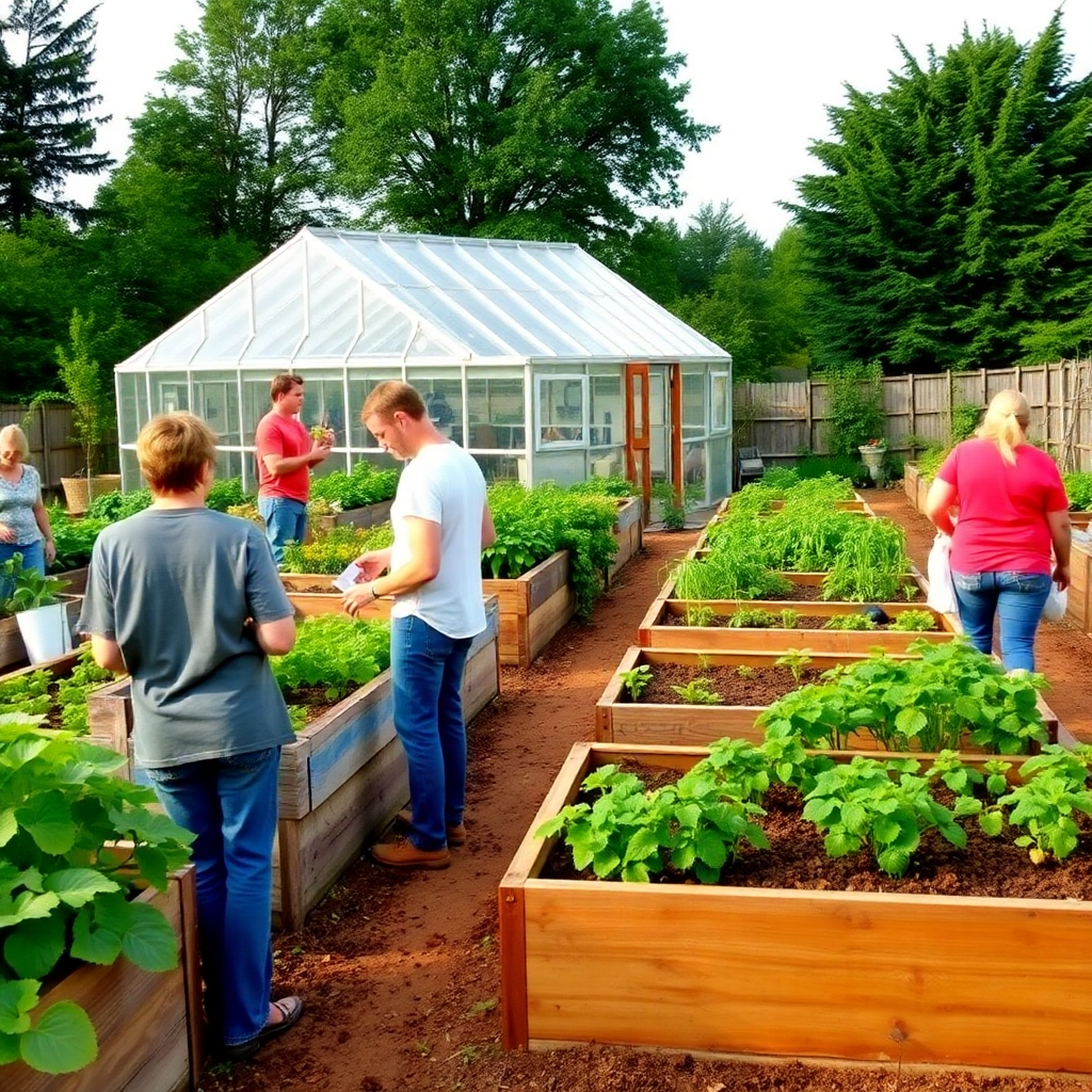 community garden with raised beds, greenhouse, people gardening together
