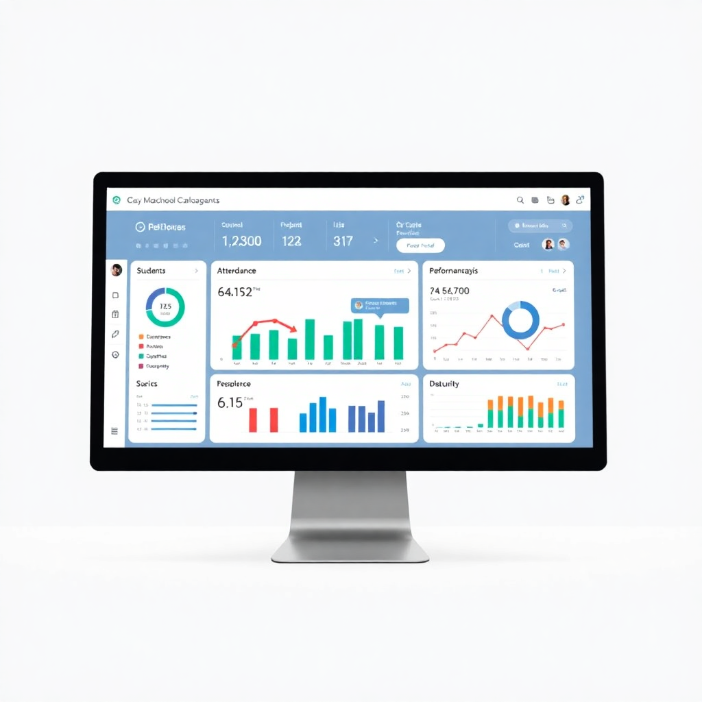 modern school management dashboard interface with clean design showing student analytics, attendance charts, and performance metrics on desktop screen