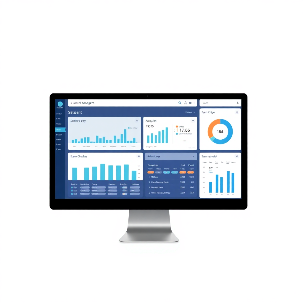 modern school management dashboard interface showing student analytics, attendance tracking, exam schedules on computer screen, clean blue and white design, professional educational software UI
