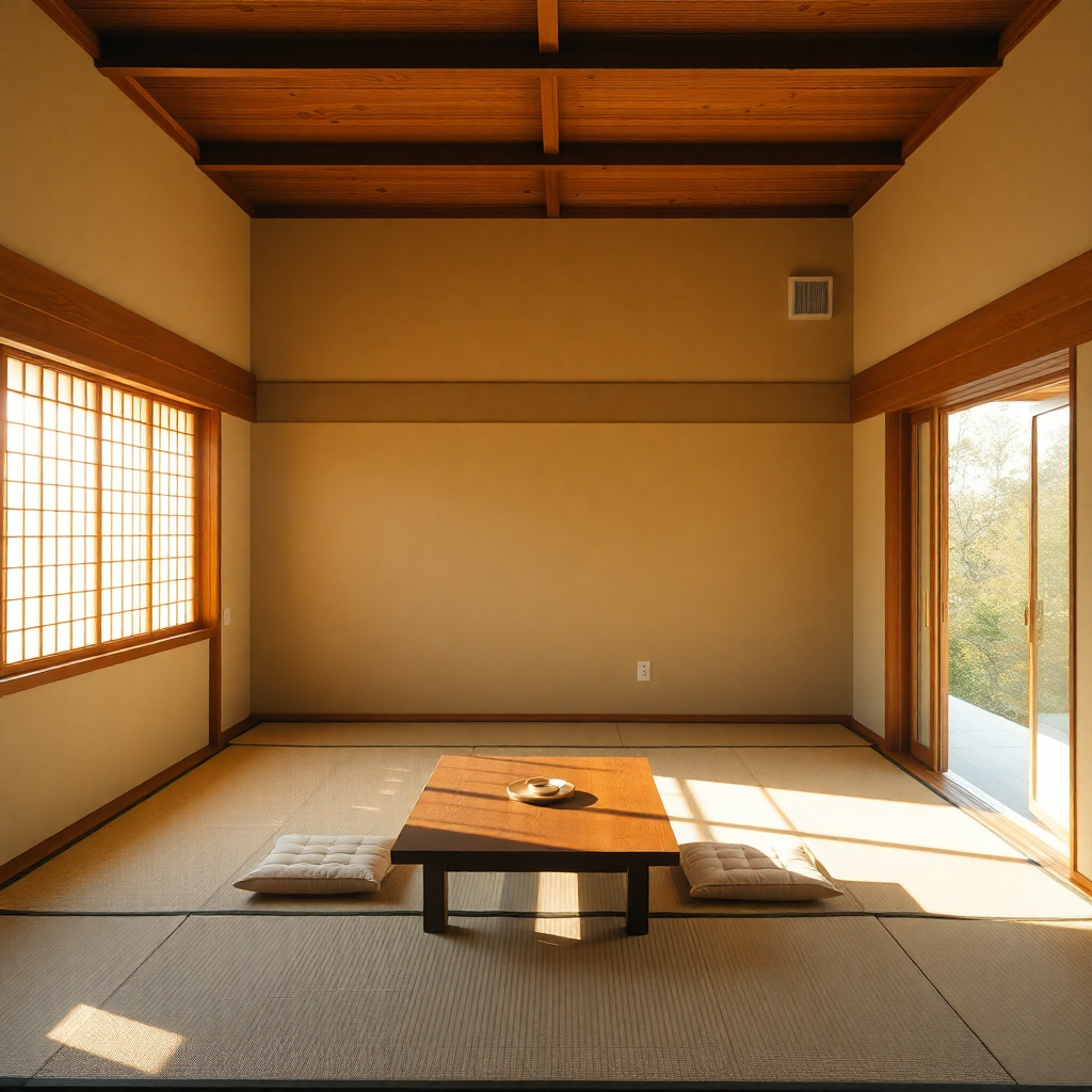 Japanese interior architecture, tatami room with shoji screens, diffused morning light, minimalist wooden furniture, warm shadows, editorial photography