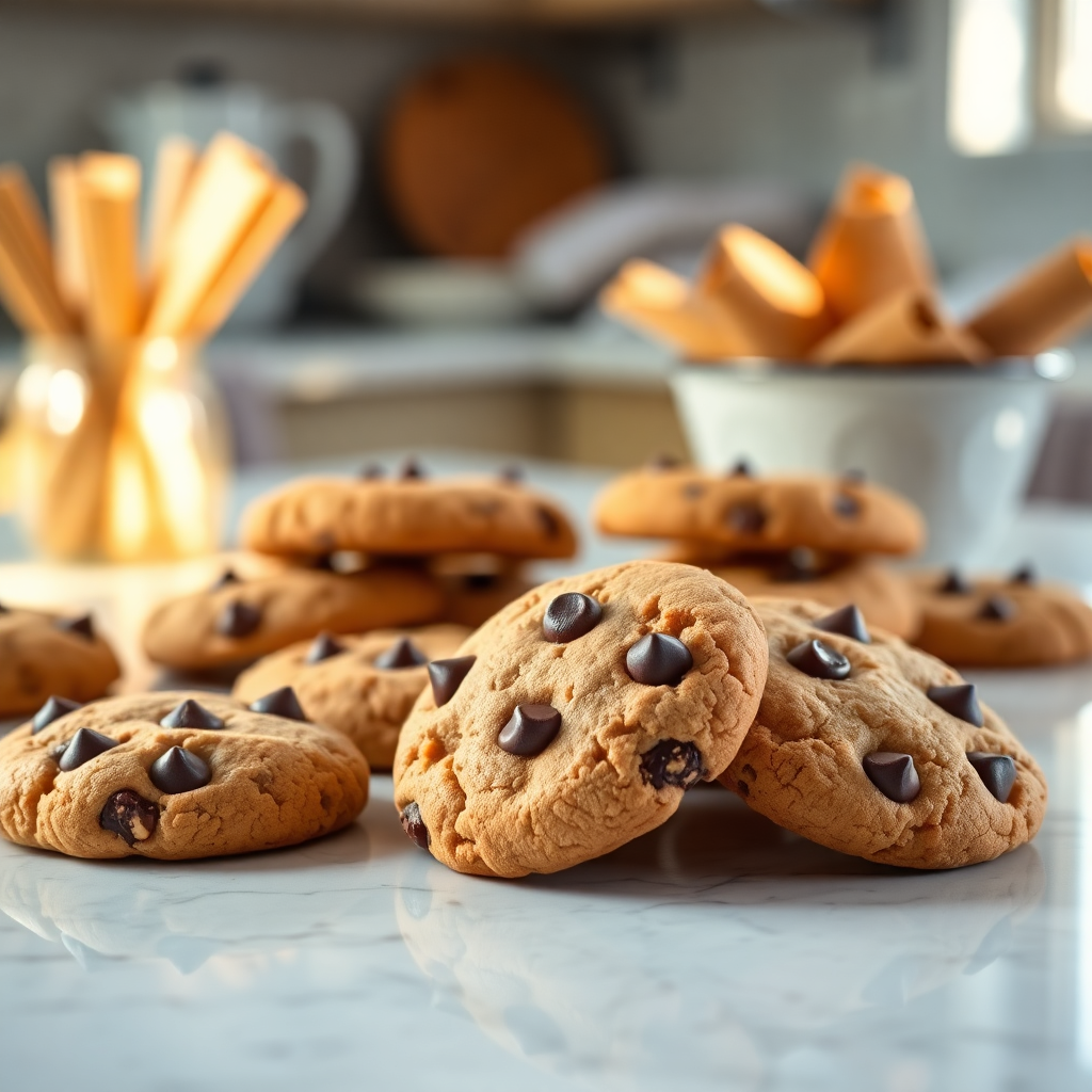a high-quality lifestyle shot of fresh chocolate chip cookies on a marble counter with warm morning sunlight, aesthetic baking scene