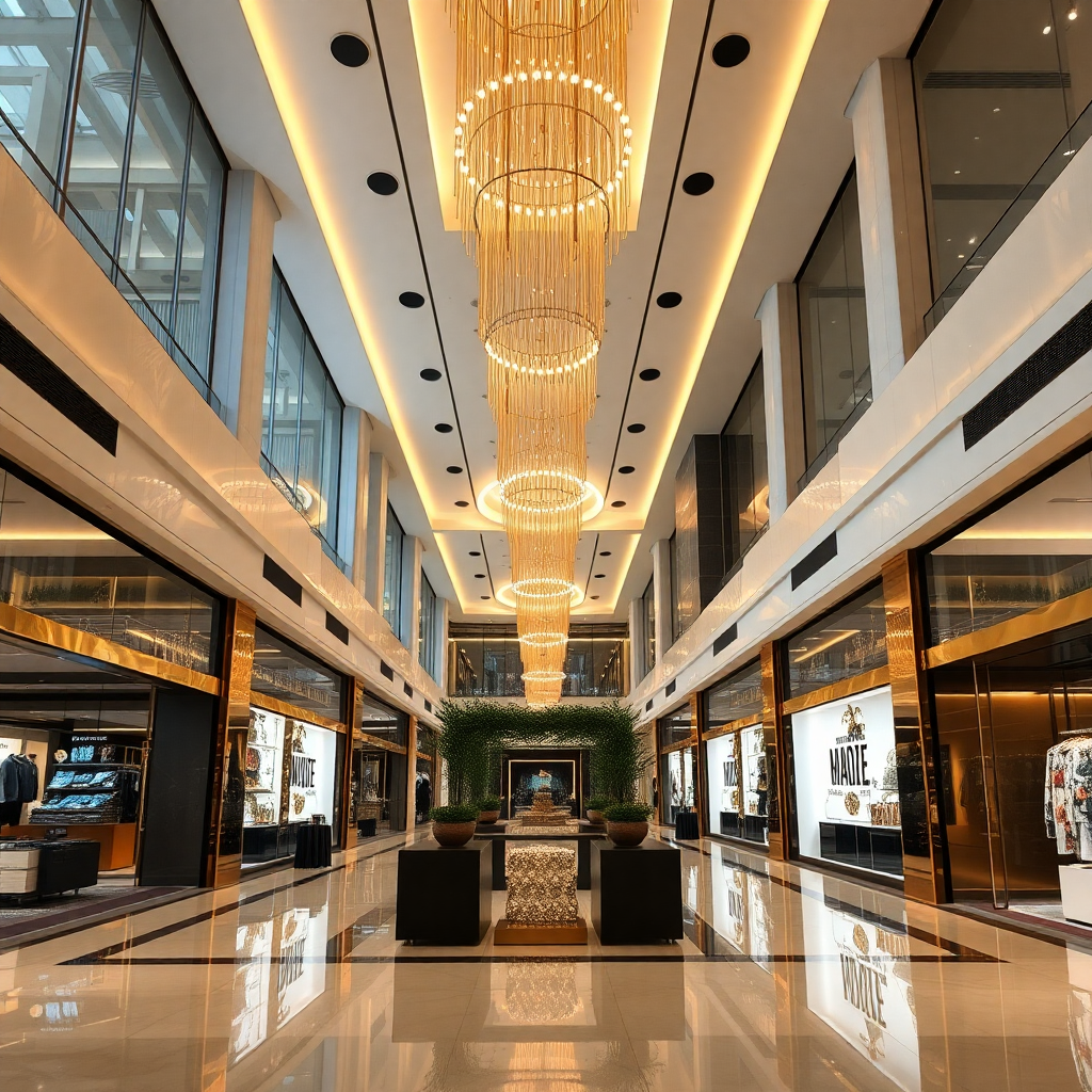 luxury shopping mall interior with high-end boutiques and golden lighting