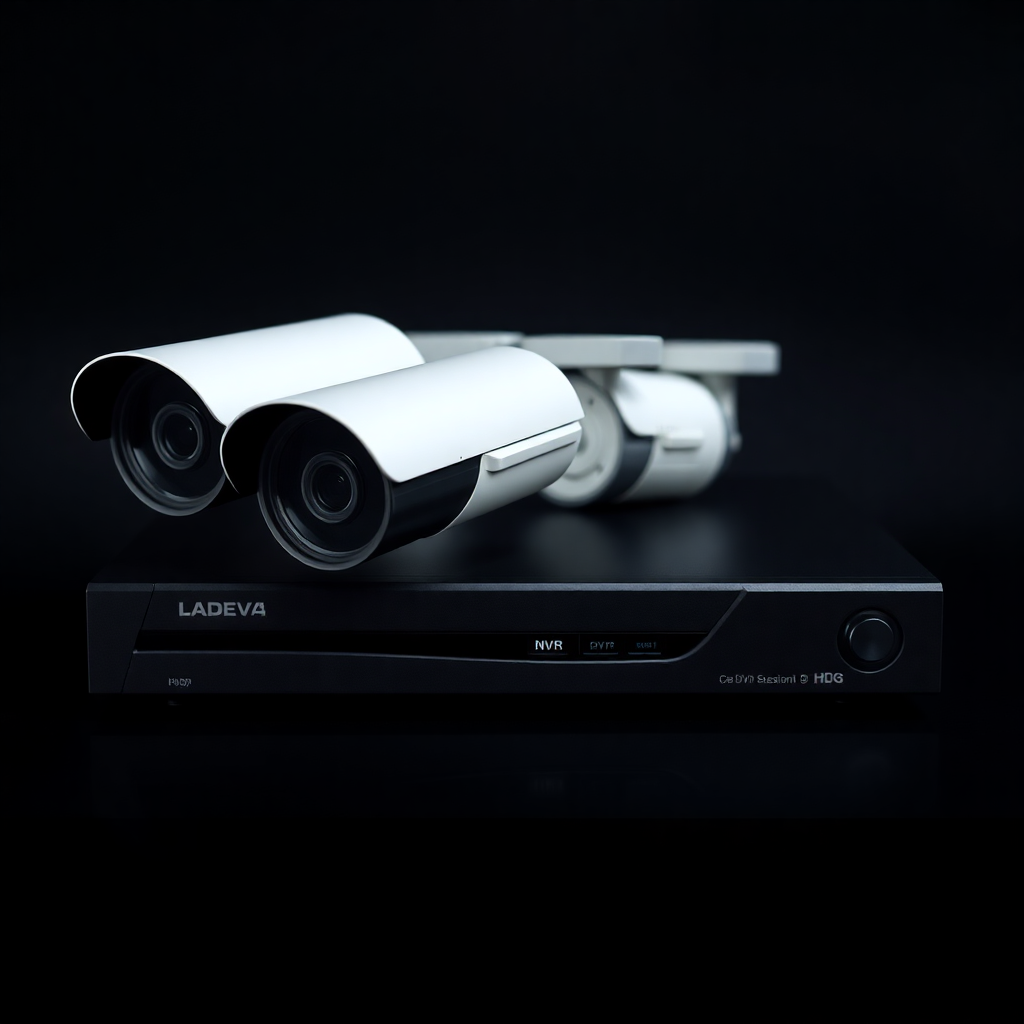 professional DVR NVR security recording system, modern surveillance equipment, product shot on dark background